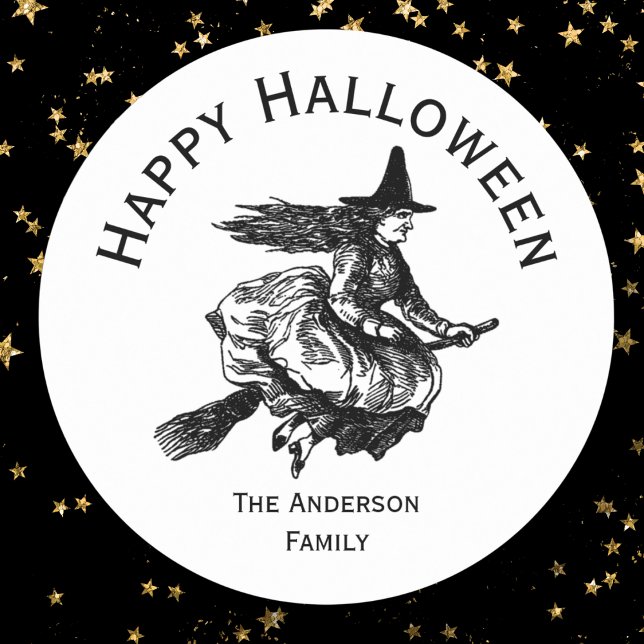 Sticker Rond Sorcière d'Halloween sur Broomstick (Créateur téléchargé)