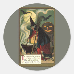 Sticker Rond Sorcière d'Halloween vintage remuant un chaudron m