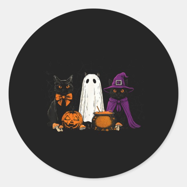 Sticker Rond Sorcière Effrayante Chat Noir Halloween Citrouille (Devant)