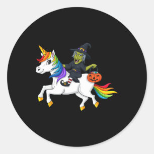 Sticker Rond Sorcière équitation Unicorn Amusement Halloween fi