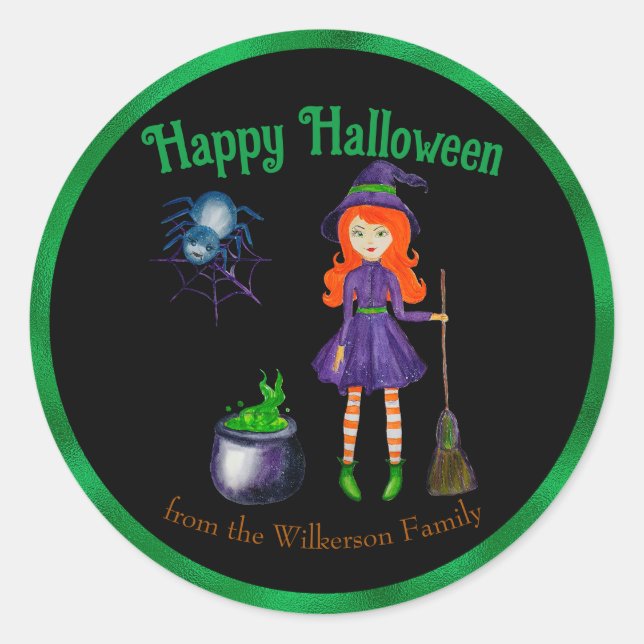 Sticker Rond Sorcière et araignée Nom personnalisé Halloween no (Devant)