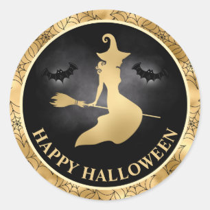 Sticker Rond Sorcière et chauves-souris Or & Noir Joyeux Hallow