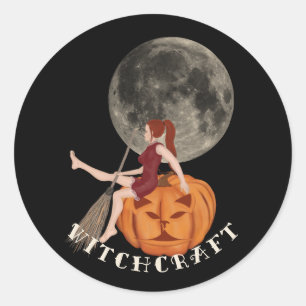 Sticker Rond Sorcière et citrouille. Chariot pour Halloween