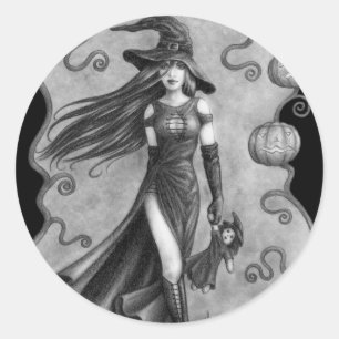 Sticker Rond Sorcière et poupée Halloween
