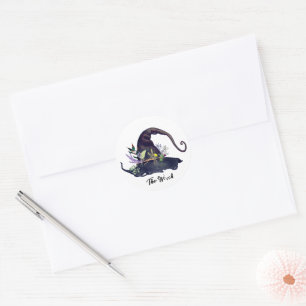 Sticker Rond Sorcière Floral Herbal Black Chapeau Blanc 