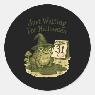 Sticker Rond Sorcière grenouille grincheuse attendant Halloween