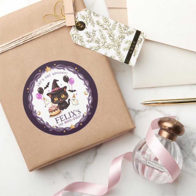 Sticker Rond Sorcière Mignonne Chat Noir Magicien 1er Anniversa (Cadeaux)