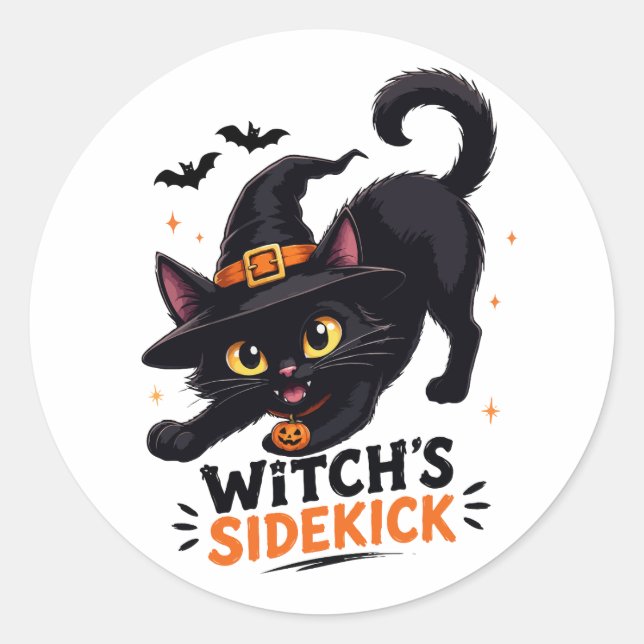 Sticker Rond Sorcière Mignonne et son Chat Noir Compagnon Hallo (Devant)