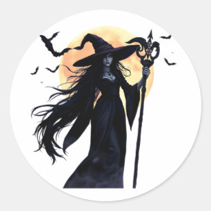Sticker Rond Sorcière mystique sous une Pleine lune