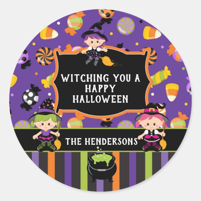 Sticker Rond Sorcière personnalisée Happy Halloween (Devant)