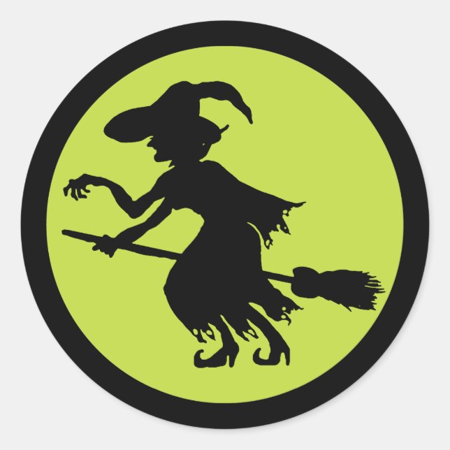 Sticker Rond Sorcière rétro sur Broom Silhouette (Devant)