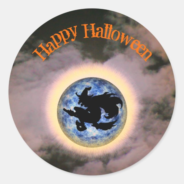 Sticker Rond Sorcière sur Pleine lune Broomstick Halloween (Devant)