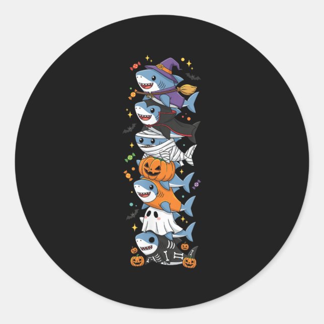 Sticker Rond Sorcière Vampire Requin Drôle Fantôme Halloween En (Devant)