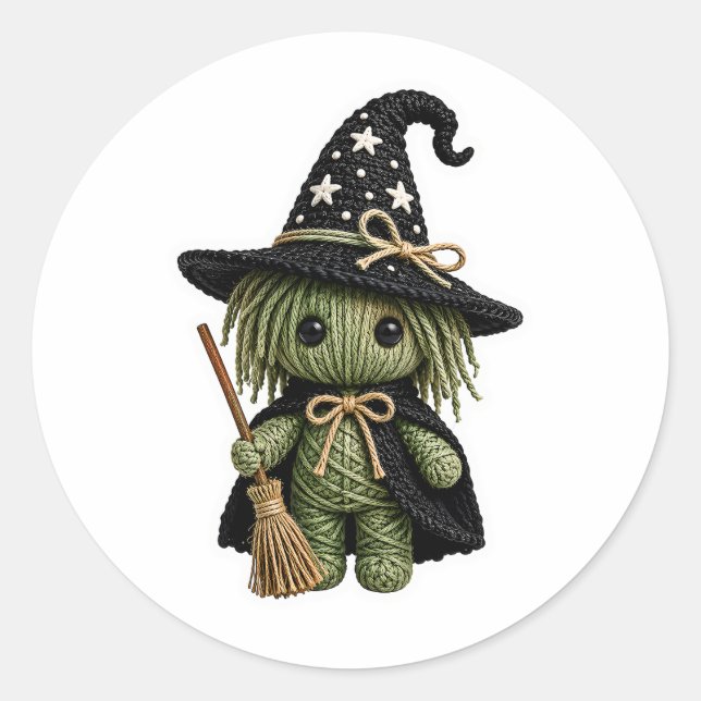 Sticker Rond Sorcière verte cousue de style Amigurumi avec bala (Devant)