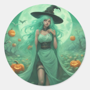 Sticker Rond Sorcière verte menthe dans un champ de citrouilles