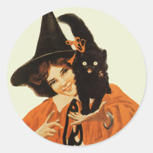 Sticker Rond Sorcière Vintage Magnifique avec joli chat noir