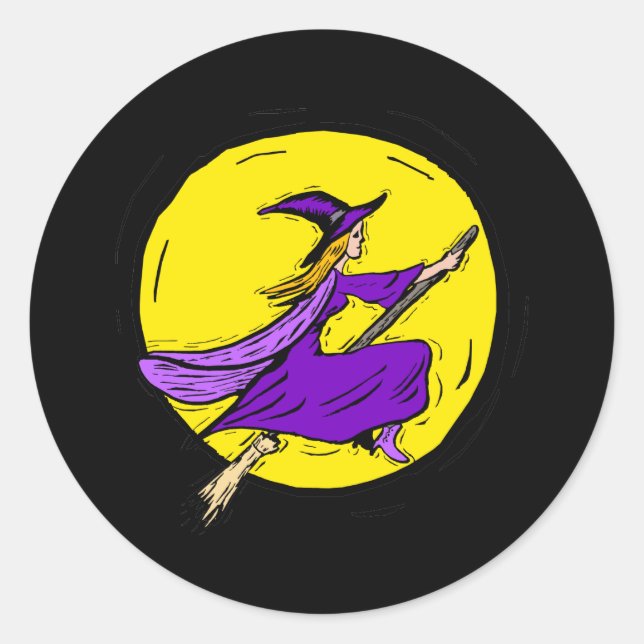 Sticker Rond Sorcière violette à travers la lune (Devant)