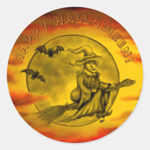 Sticker Rond Sorcière volante avec chat noir, nuit halloween