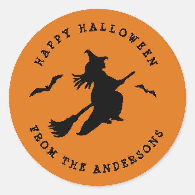 Sticker Rond Sorcière volante Halloween noir et orange (Devant)