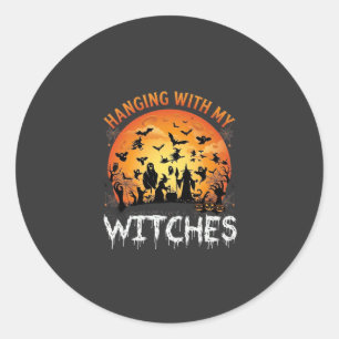 Sticker Rond Sorcières suspendues Halloween Lune Chauves-souris