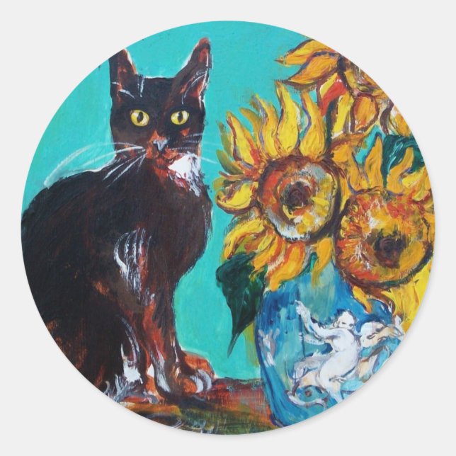 STICKER ROND SOUCHES AVEC CHAT NOIR EN TURQUOISE BLEUE (Devant)