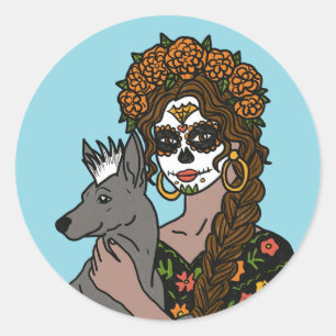 Sticker Rond Soucis de Jour des Morts et chien Xolo