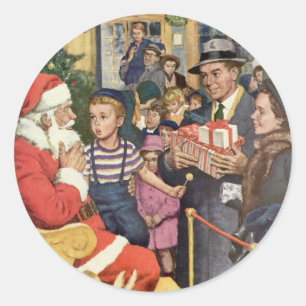 Sticker Rond Souhait de Noël Vintage, Garçon sur Santa Claus La