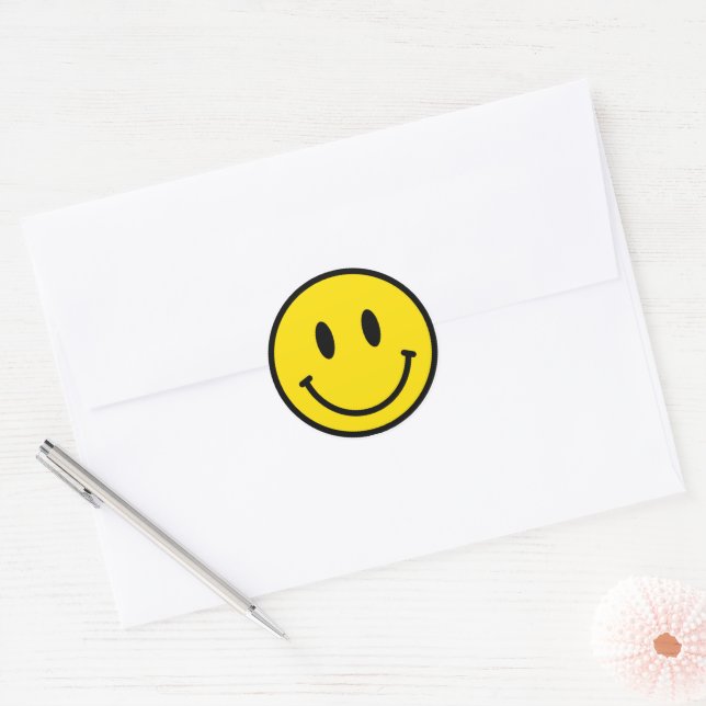 Sticker Rond Souriez Happy Face Emoji Jaune Noir Blanc Rétro (Enveloppe)