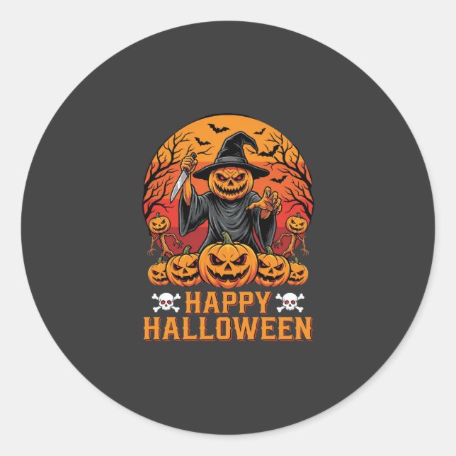 Sticker Rond Sourire de sorcière de citrouille effrayant Concep (Devant)