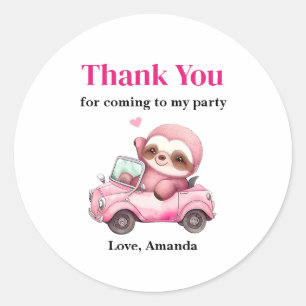 Sticker Rond Sourire rose Sloth conduisant un Merci de voiture