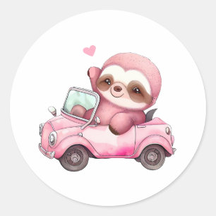 Sticker Rond Sourire rose Sloth conduisant une convertible