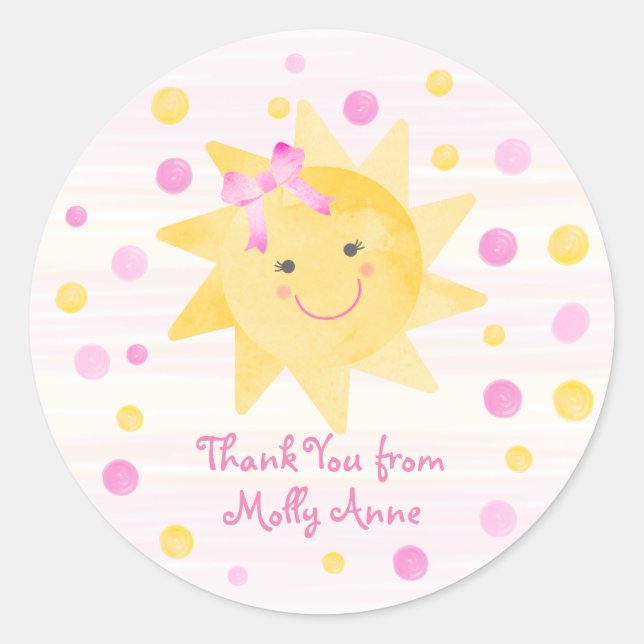 Sticker Rond Sourire soleil rose Yellow Dots Merci fille (Devant)