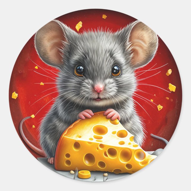 Sticker Rond Souris adorable tenant du fromage (Devant)