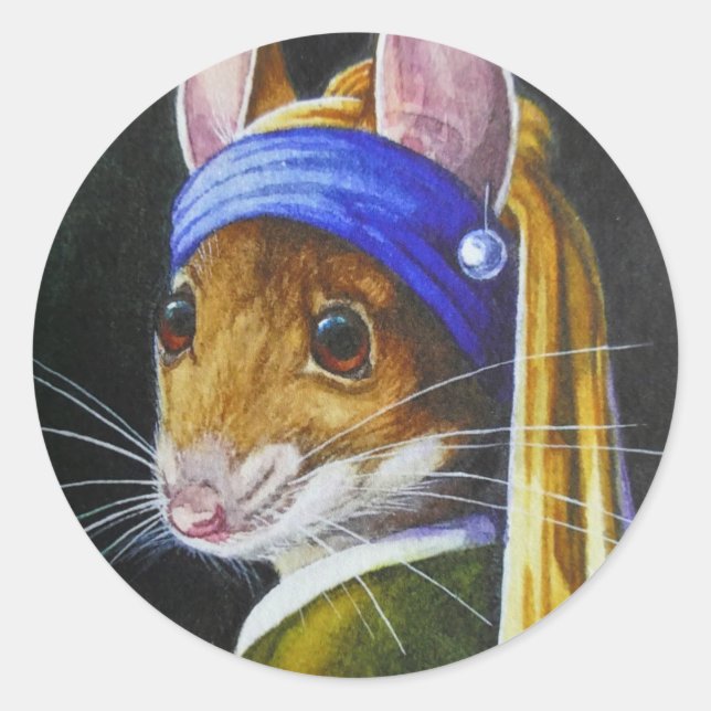 Sticker Rond Souris avec perle oreille parodique aquarelle art (Devant)