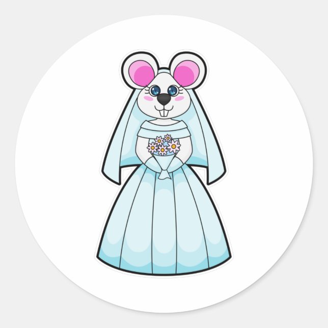 Sticker Rond Souris comme mariée avec bouquet de fleurs (Devant)