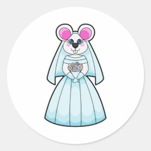 Sticker Rond Souris comme mariée avec bouquet de fleurs