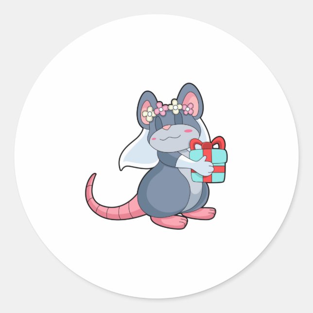 Sticker Rond Souris comme mariée avec voile et cadeau.PNG (Devant)