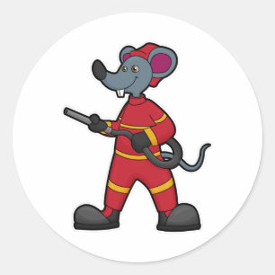 Sticker Rond Souris comme pompier avec tuyau