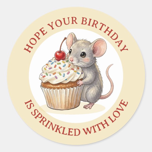Sticker Rond Souris d'anniversaire avec Cupcake | Saupoudré d'a (Devant)