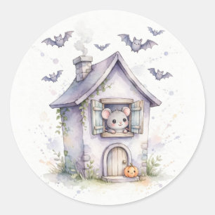 Sticker Rond Souris dans une maison hantée Halloween