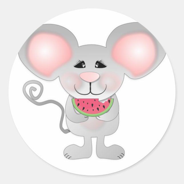 Sticker Rond souris grise adorable tenant une pastèque (Devant)