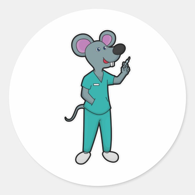 Sticker Rond Souris infirmière à la vaccination avec seringue (Devant)