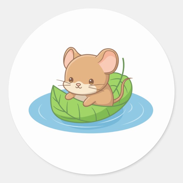 Sticker Rond Souris mignonne dans un bateau en feuille (Devant)