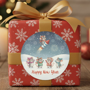 Sticker Rond Souris Mignonnes Bonne Année Feux d'Artifice