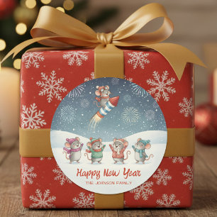 Sticker Rond Souris Mignonnes Bonne Année Feux d'Artifice