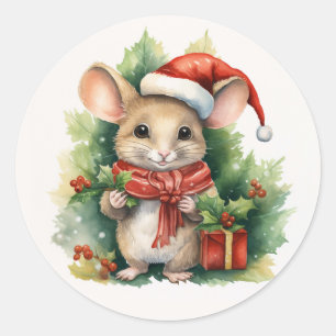 Sticker Rond Souris Rouge Chapeau de Père Noël Noël Vacances Ve