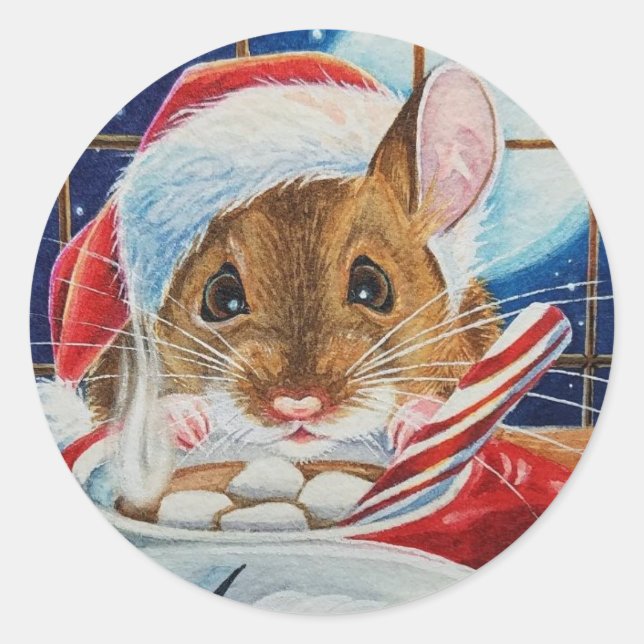 Sticker Rond Souris Santa Field avec Cocoa chaud Aquarelle Art  (Devant)