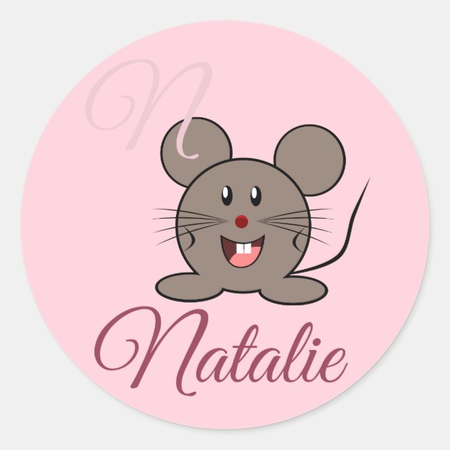 Sticker Rond Souris souriante - monogramme rose pastel (Devant)
