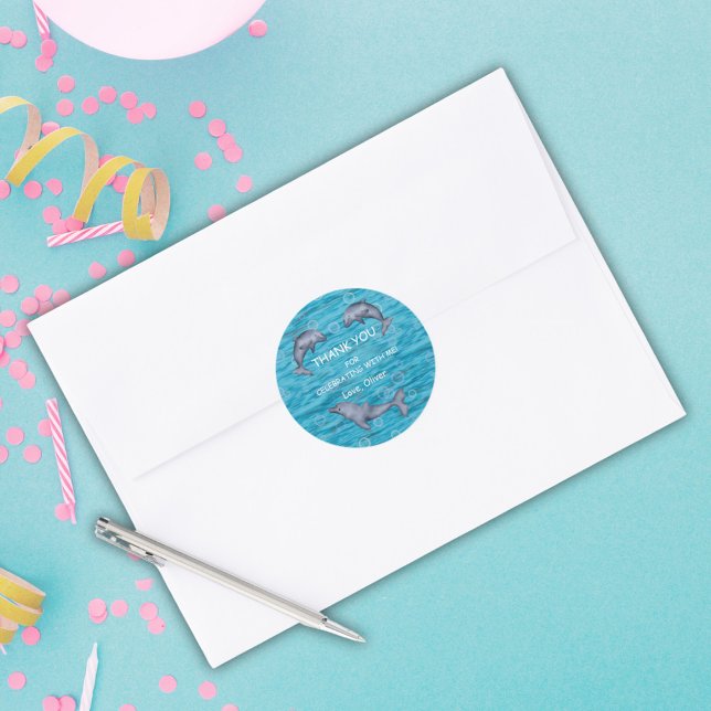 Sticker Rond Sous la mer avec dauphins Anniversaire Classic (Créateur téléchargé)