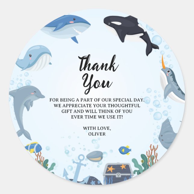 Sticker Rond Sous la mer Dauphin Requin Baleines Anniversaire (Devant)